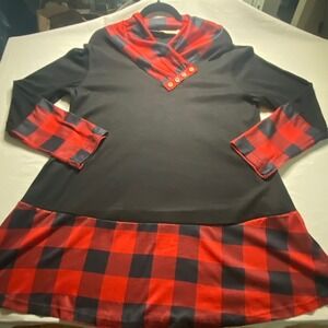 Miusey Buffalo Plaid Tunic Top Womens 2XL Black Red Cowl Neck Button Detail NEW